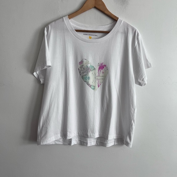 Kerri Rosenthal White Heart Print Cotton Distressed Short Sleeve Top - Picture 1 of 8